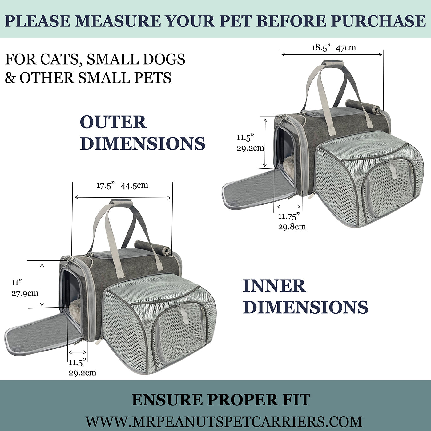 Gray expandable pet carrier for small pets with two front mesh windows and carry handles