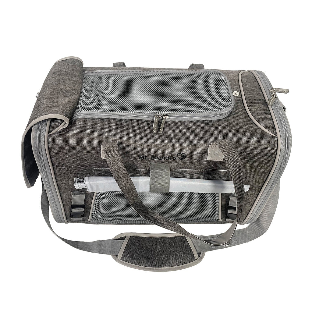 Charcoal ash pet carrier showing interior mesh panels and seat-style base support