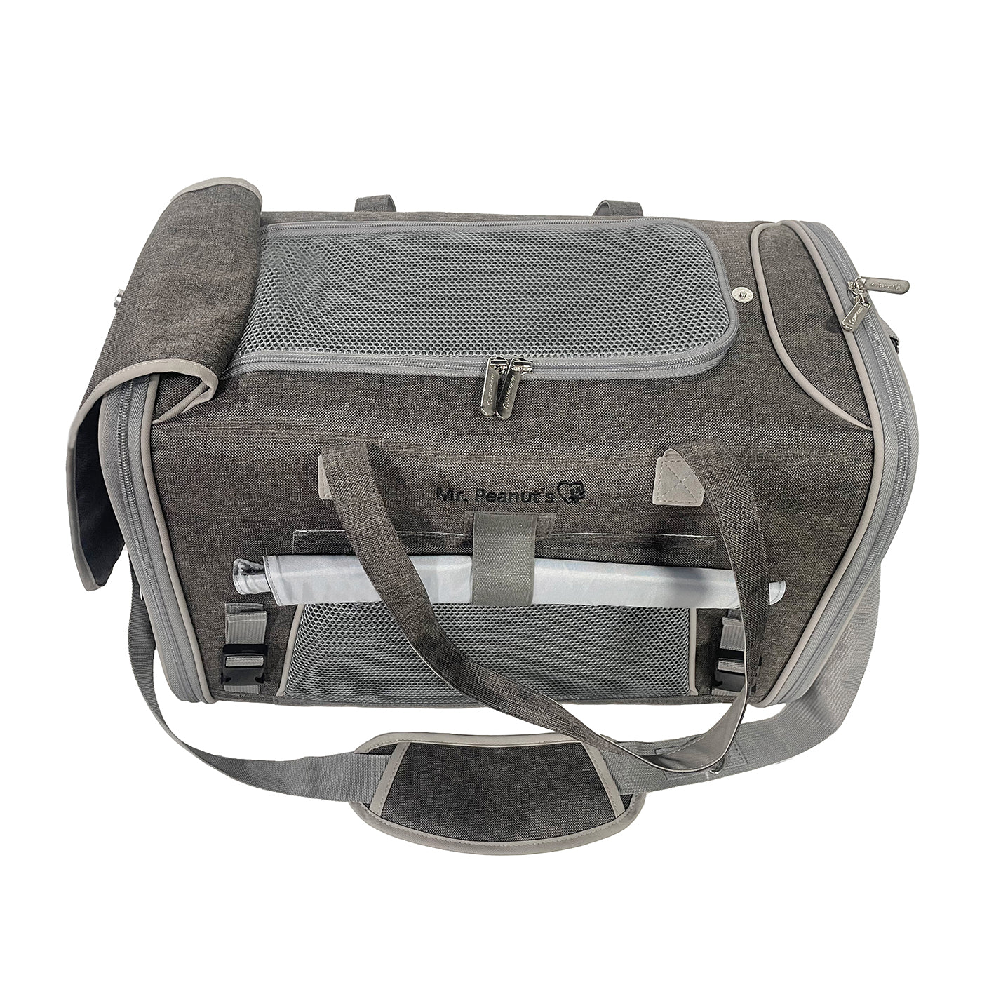 Charcoal ash pet carrier showing interior mesh panels and seat-style base support