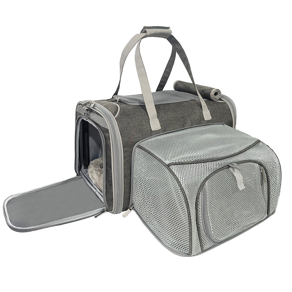 Charcoal ash pet carrier with mesh front panel and side window door