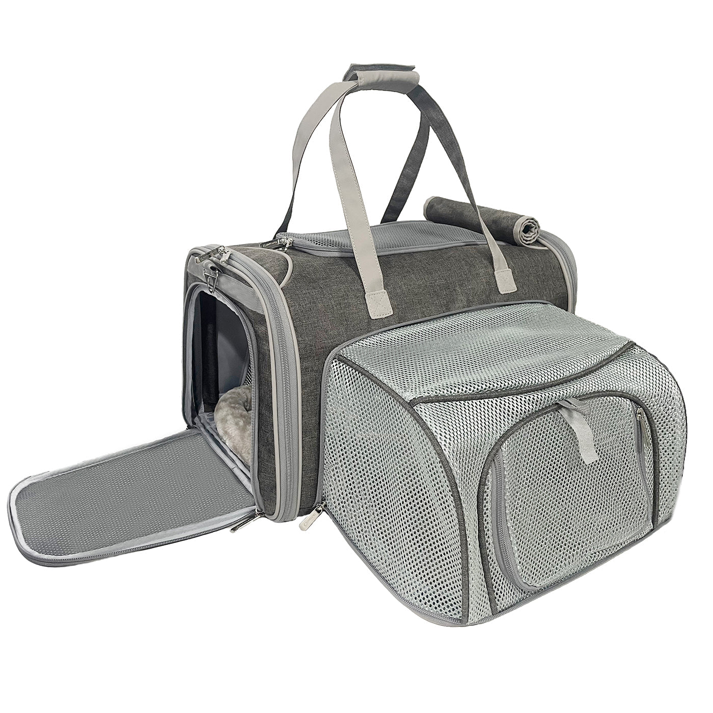 Charcoal ash pet carrier with mesh front panel and side window door