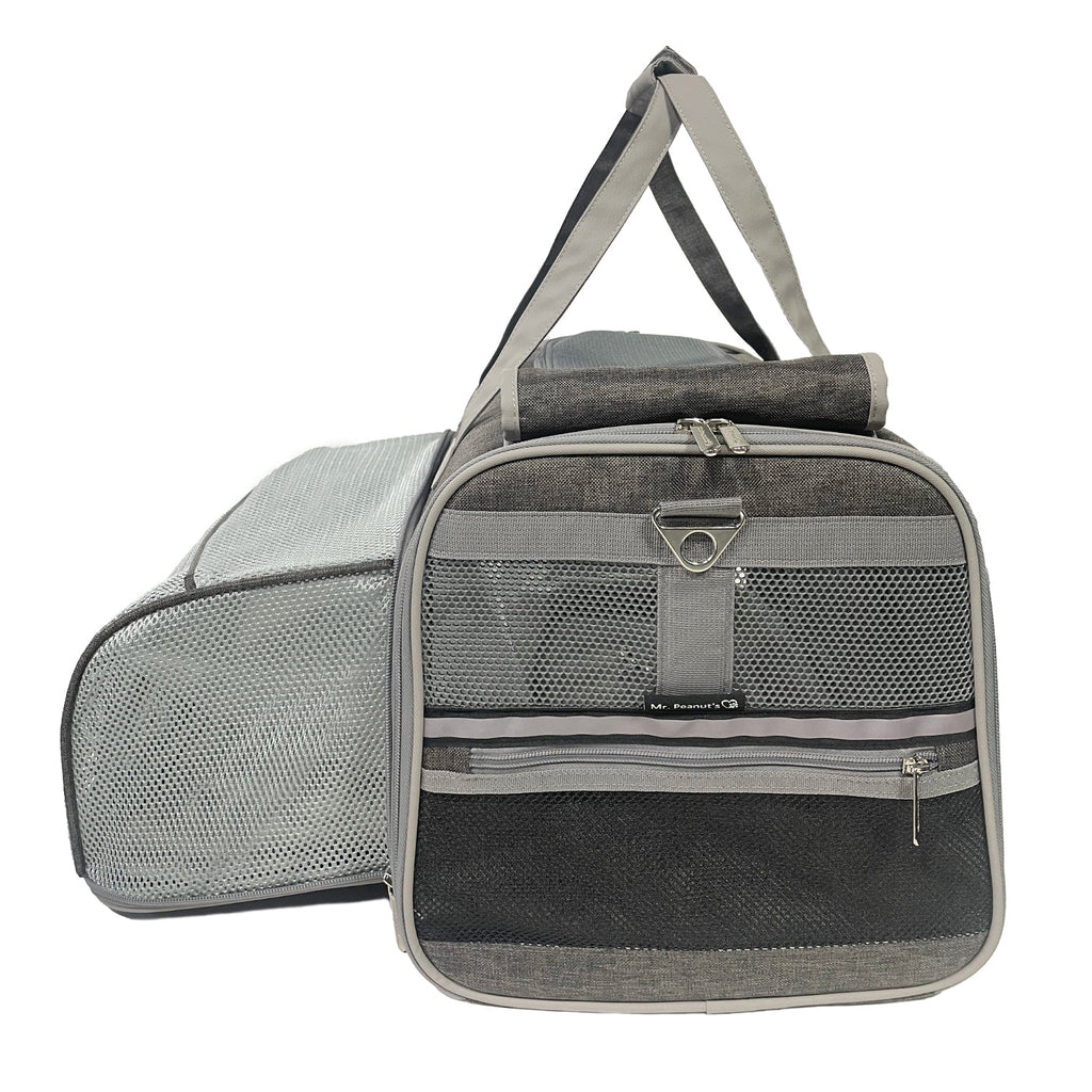 Platinum gray expandable pet carrier with mesh side door and padded carry handle