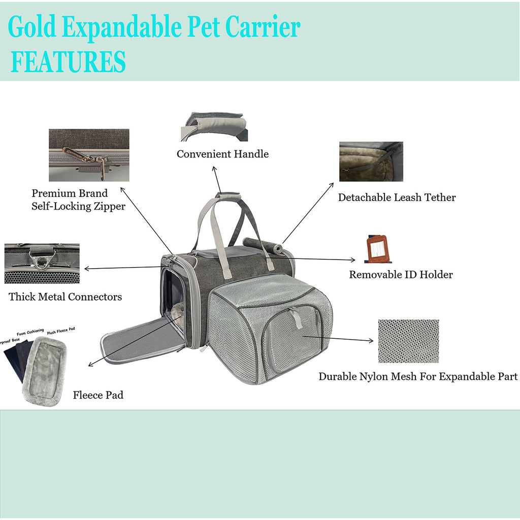 Expandable pet carrier in gray with mesh side panels, thick connectors, and zip compartments