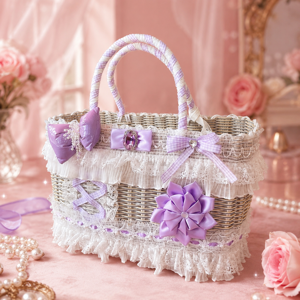 Luxury Lavender Lace Wicker Pet Carrier Basket for Small Dogs & Cats