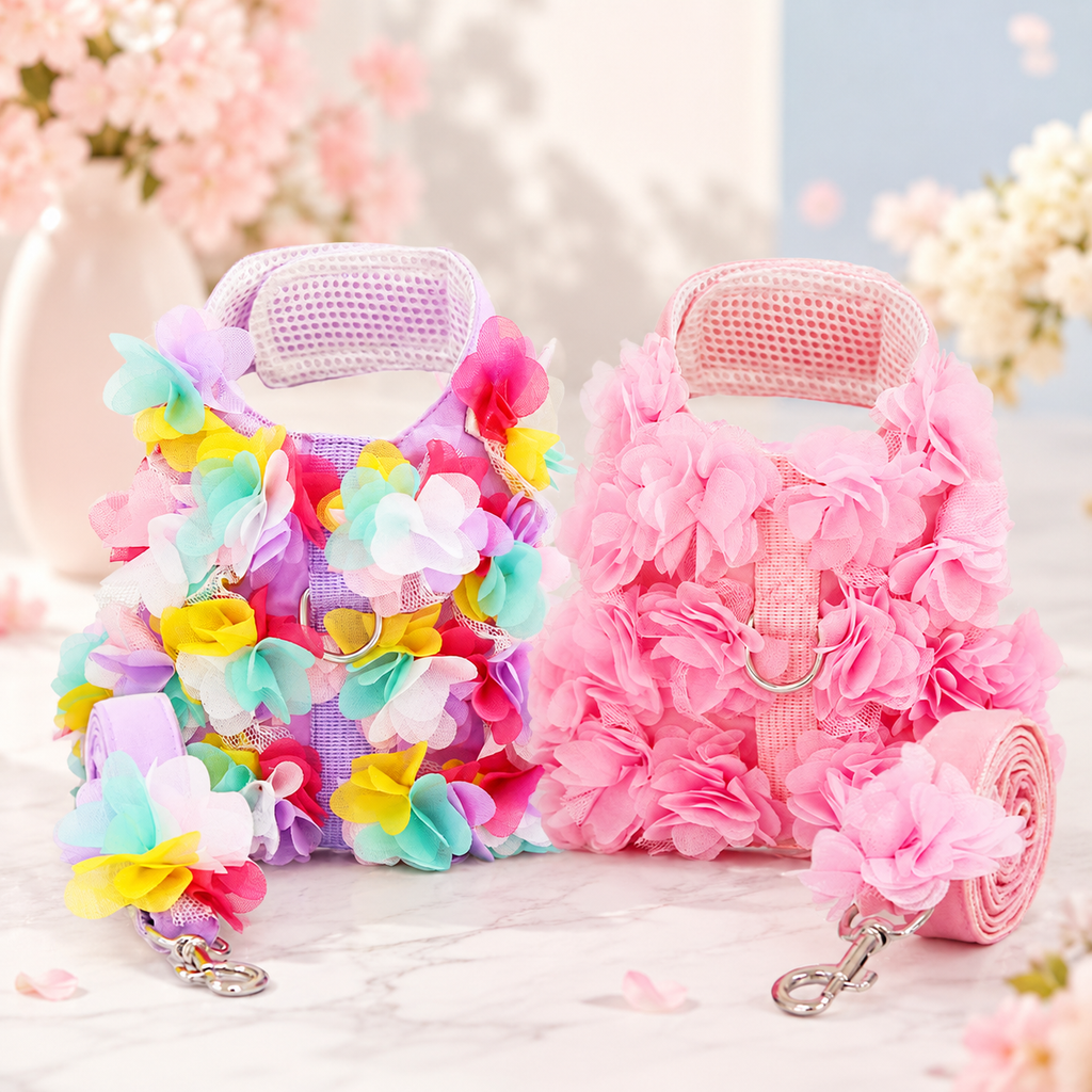 Boutique Floral Dog Harness and Leash Set – 3D Petal Puppy Vest Harness for Small Dogs & Cats