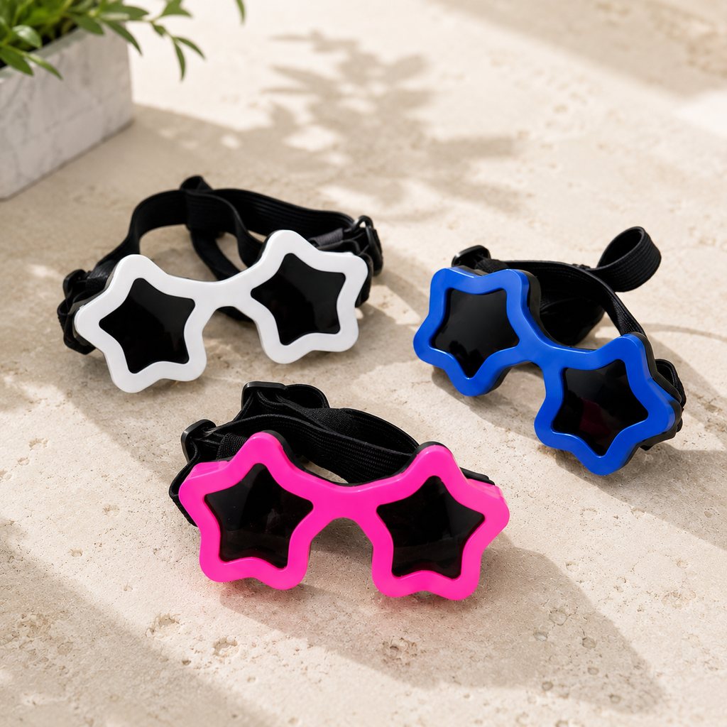 Star-shaped pet sunglasses set: hot pink, blue, and white frames with black strap