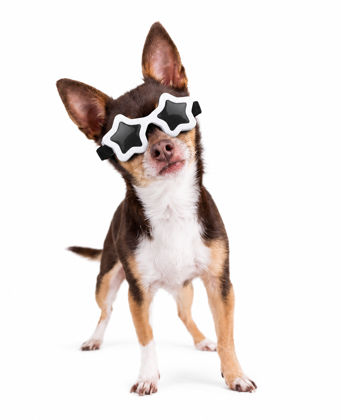 Small dog wearing white star-shaped pet sunglasses with black adjustable strap
