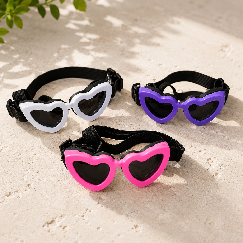 Heart-shaped pet sunglasses set: purple, white, hot pink frames with adjustable black strap