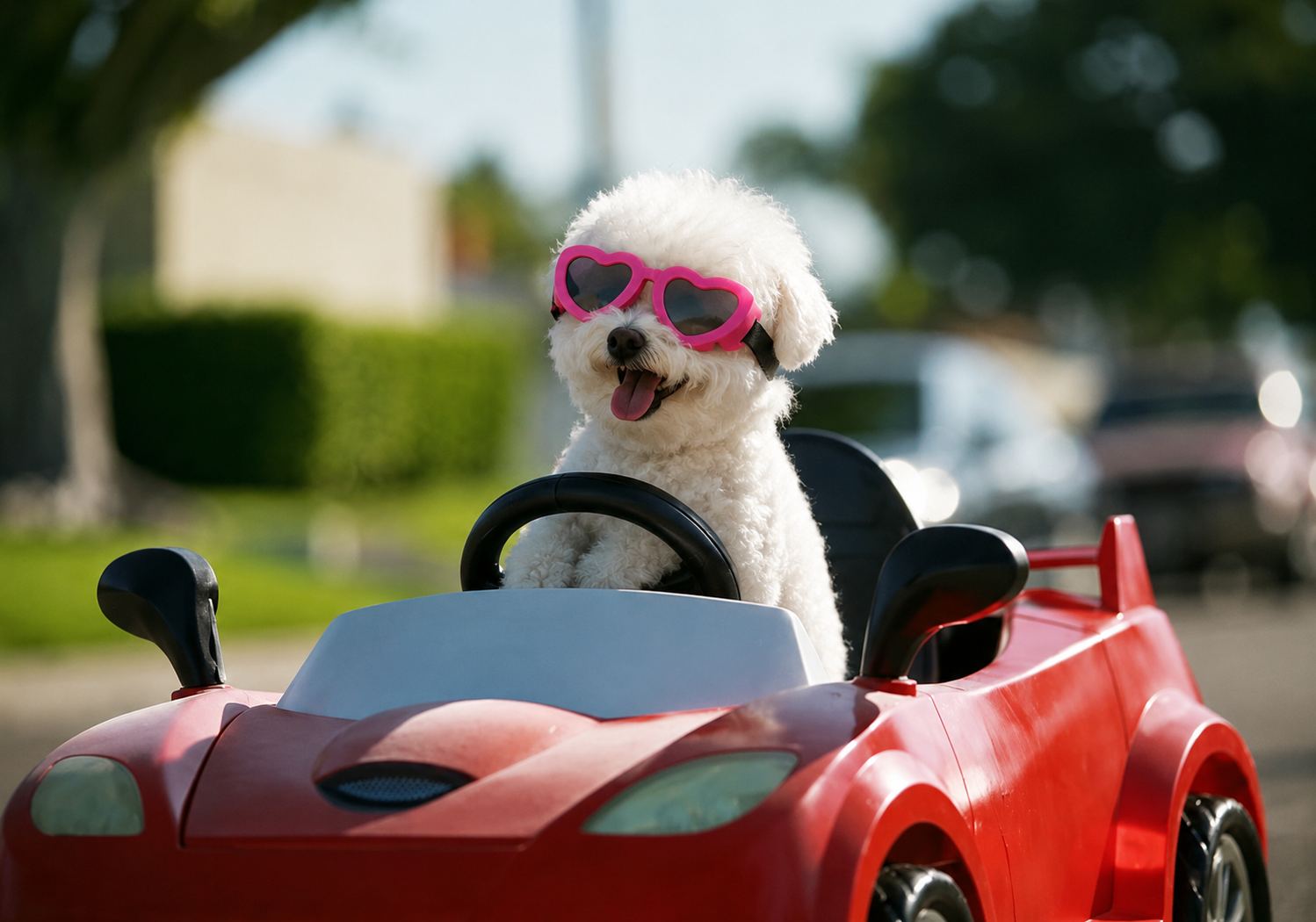 Hot pink heart-shaped pet sunglasses with black adjustable strap and dark lenses
