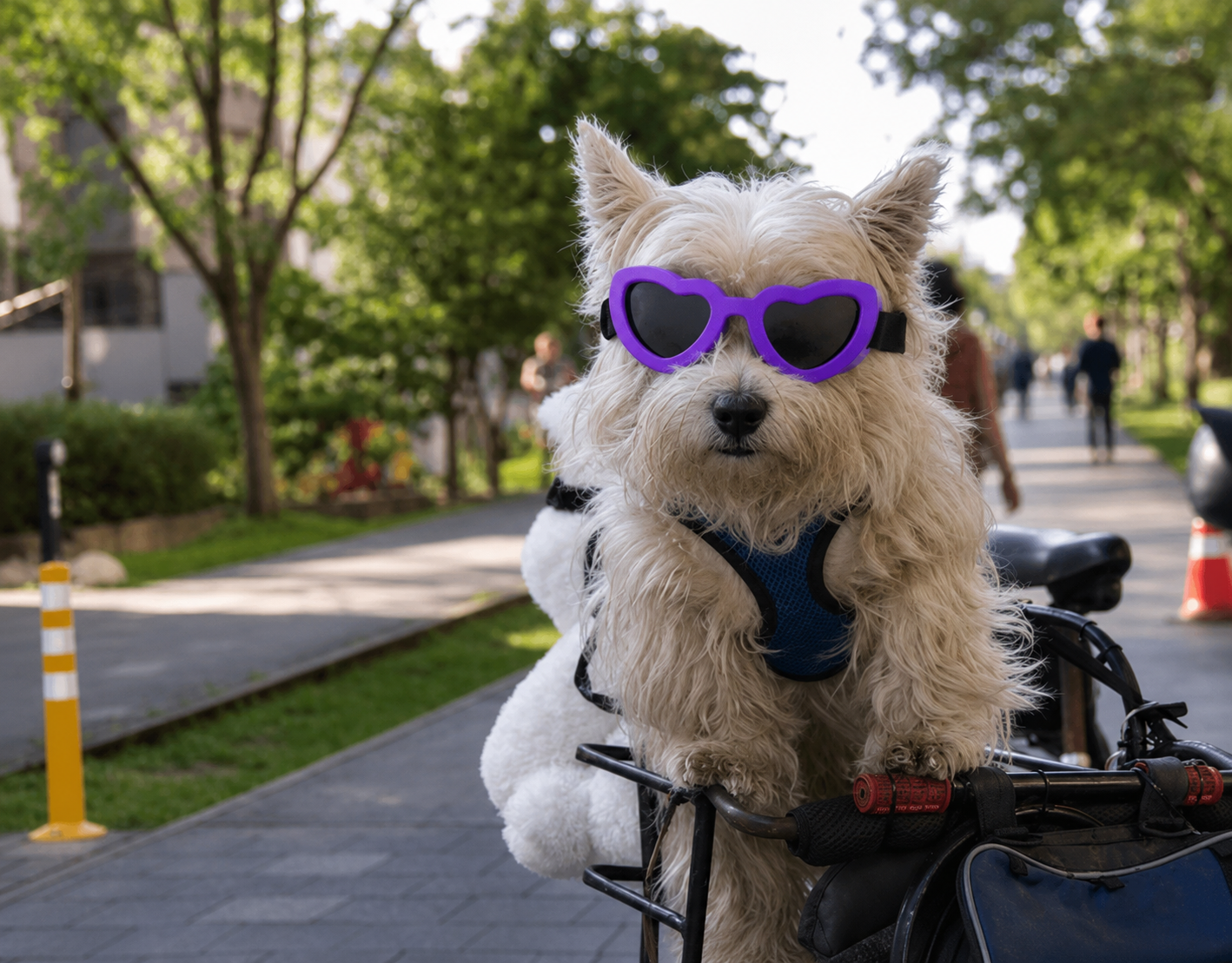Purple heart-shaped pet sunglasses with black adjustable strap and dark lenses