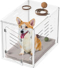 Clear acrylic pet crate end table with vented doors and lock latches; dog indoors
