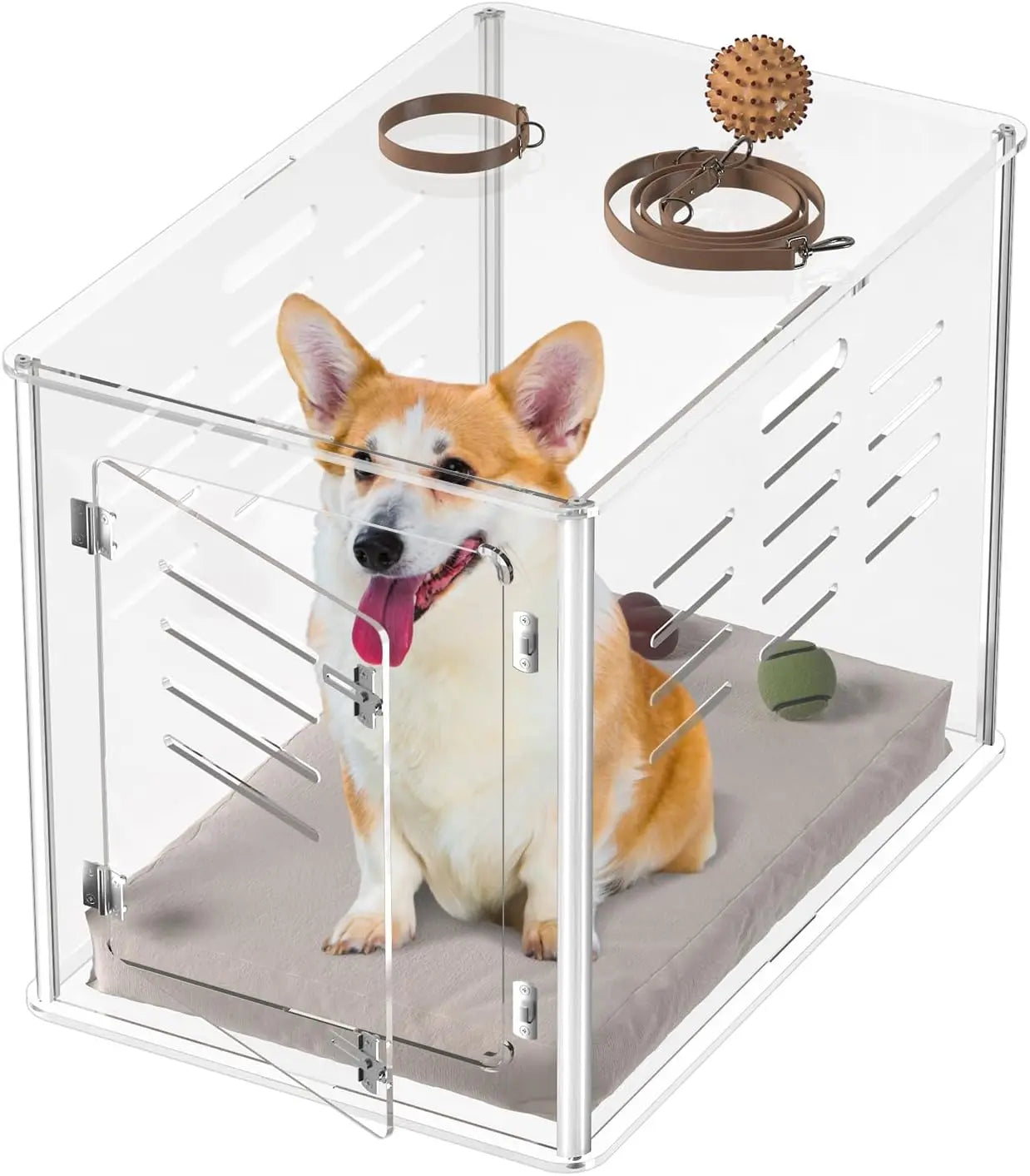 Clear acrylic pet crate end table with vented doors and lock latches; dog indoors