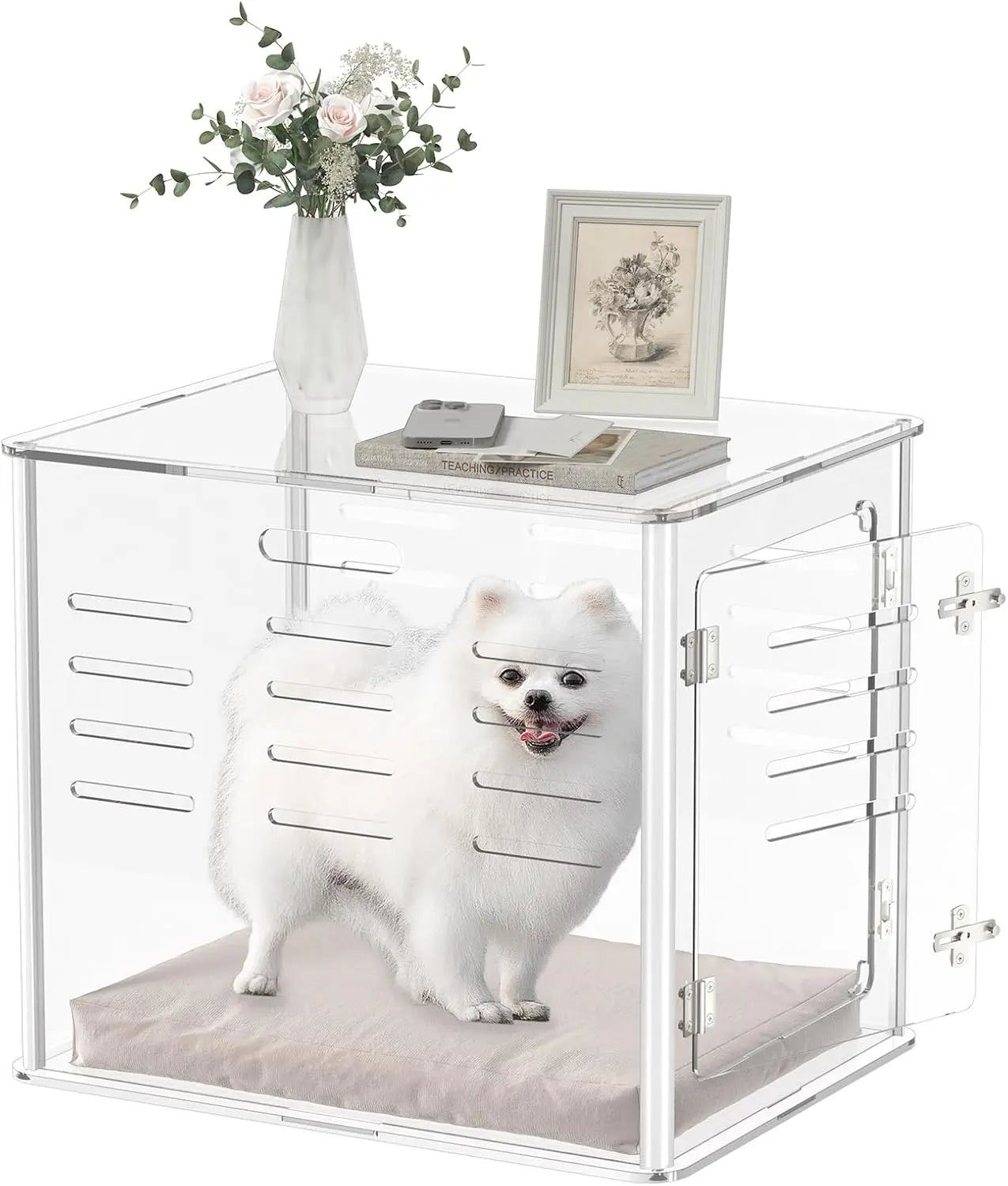 Clear acrylic small-pet end table with vented panels and lockable doors; cat on cushion