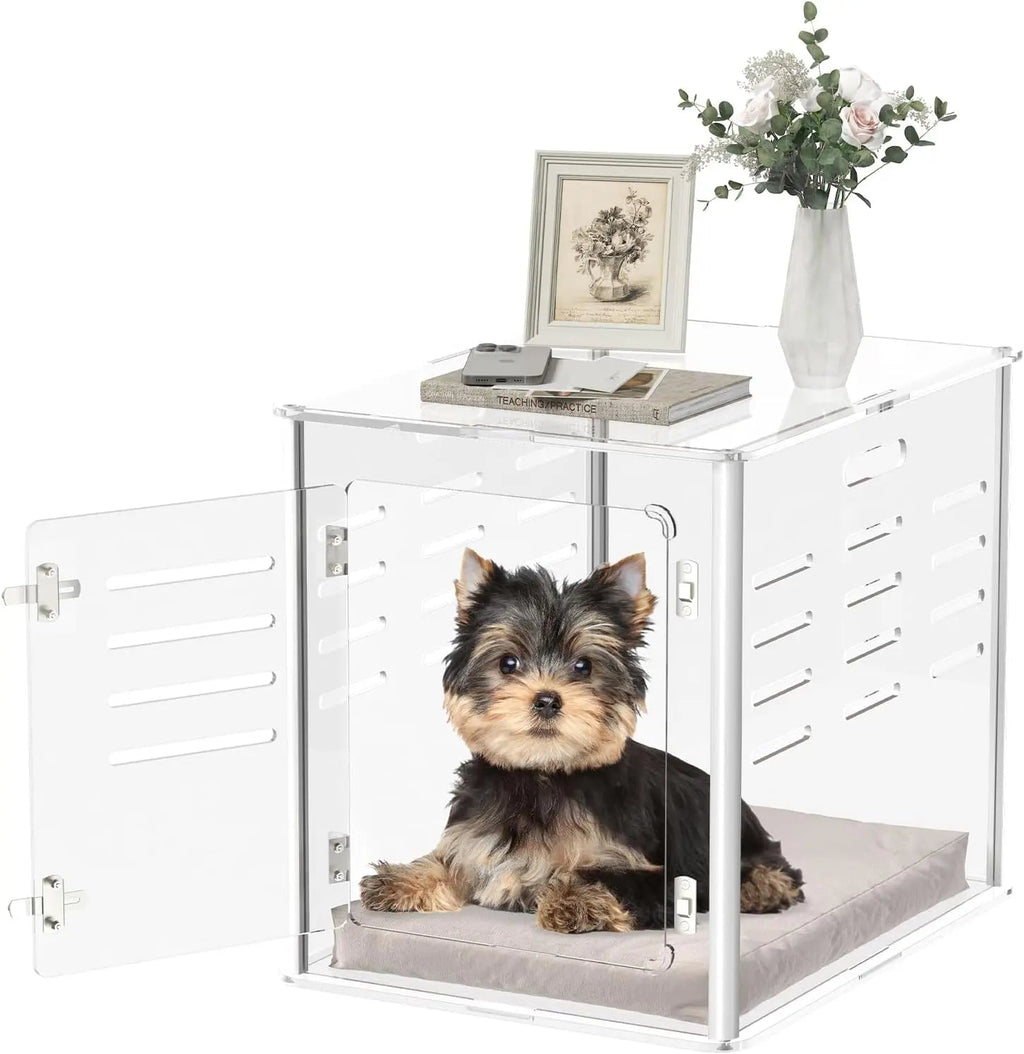 Clear acrylic small-pet end table with vented side doors and cushioned base; small dog