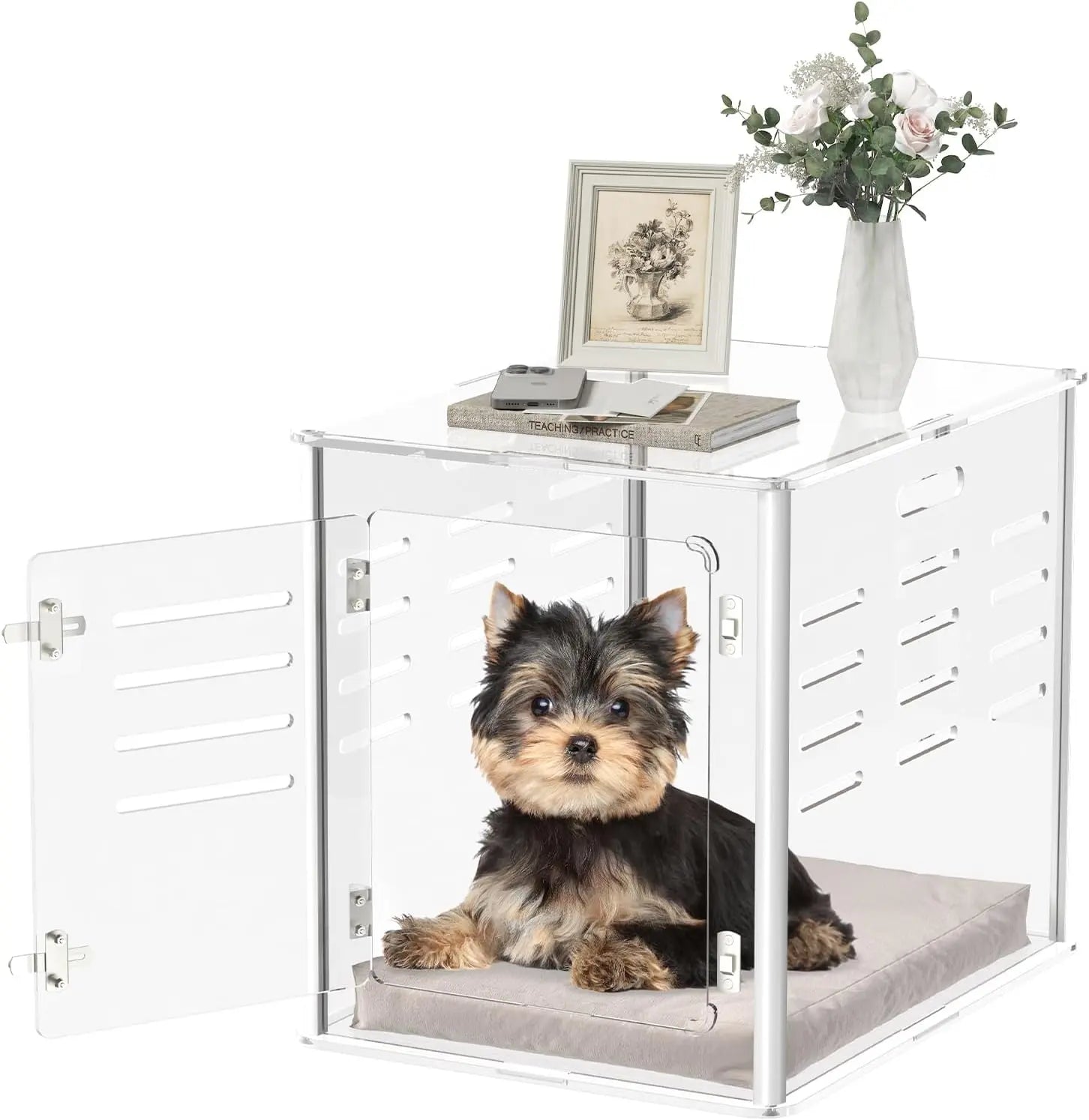Clear acrylic small-pet end table with vented side doors and cushioned base; small dog