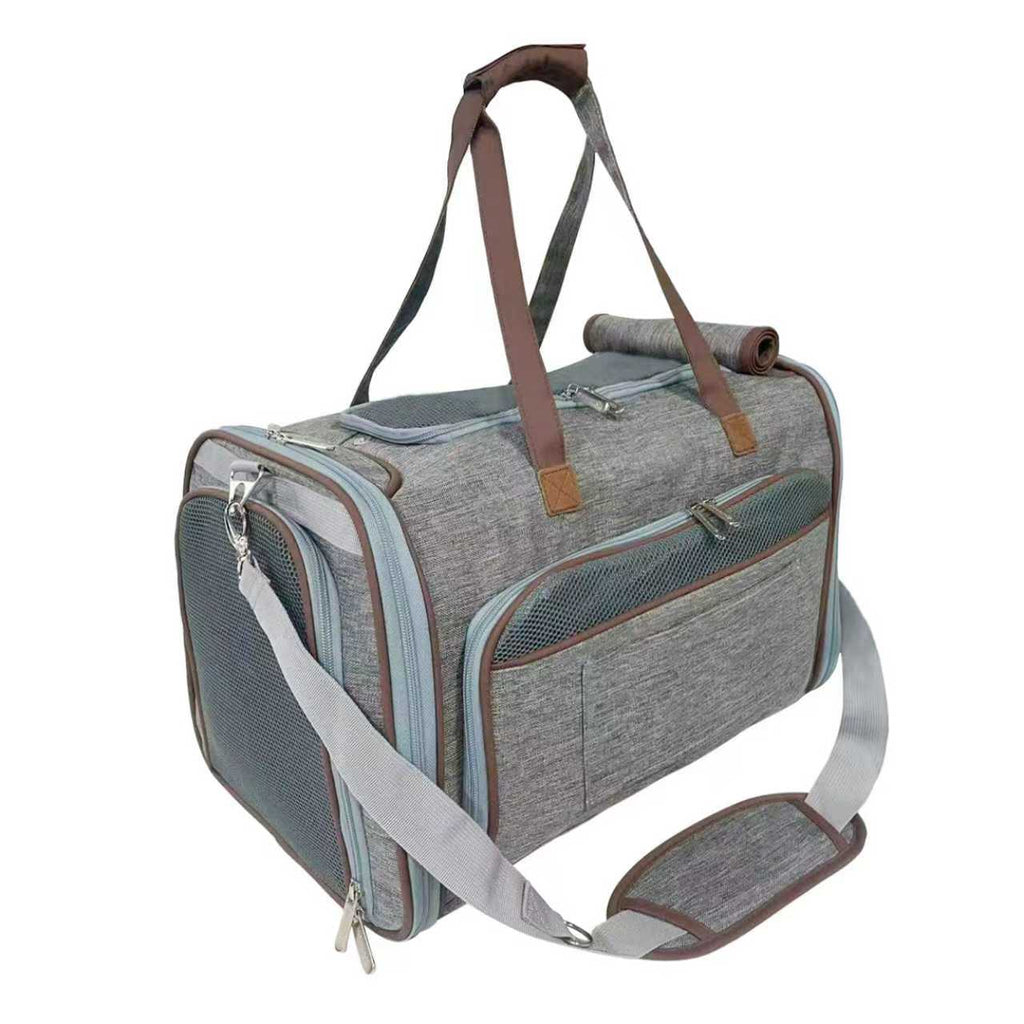 Expandable pet carrier with side zipper pockets, adjustable shoulder strap, gray fabric