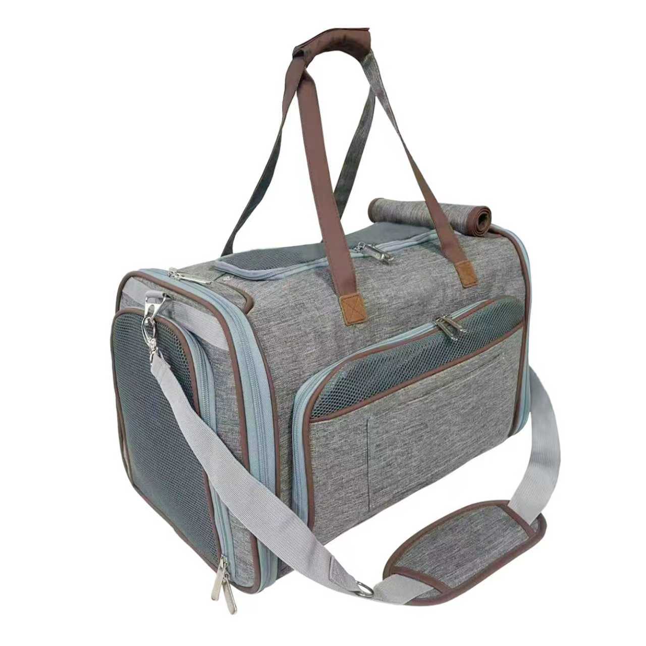 Expandable pet carrier with side zipper pockets, adjustable shoulder strap, gray fabric