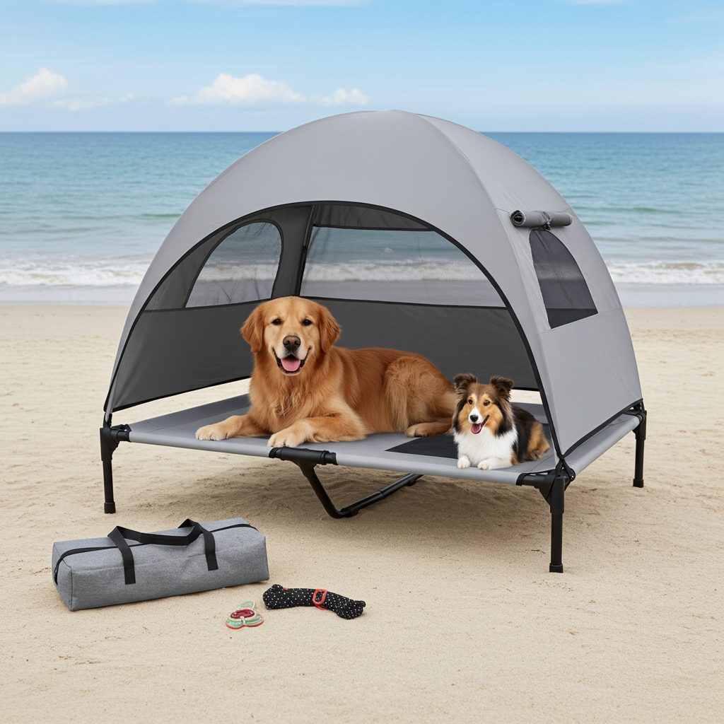 Elevated Outdoor Dog Bed with Cooling Canopy — UPF 50+, Waterproof, Foldable, S–L
