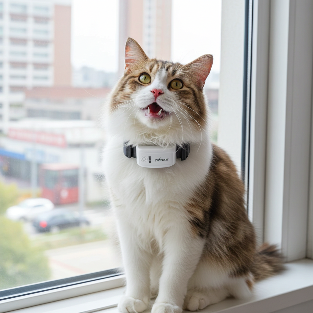 Cat GPS tracker collar device on a tabby cat, white tracker module at the neck