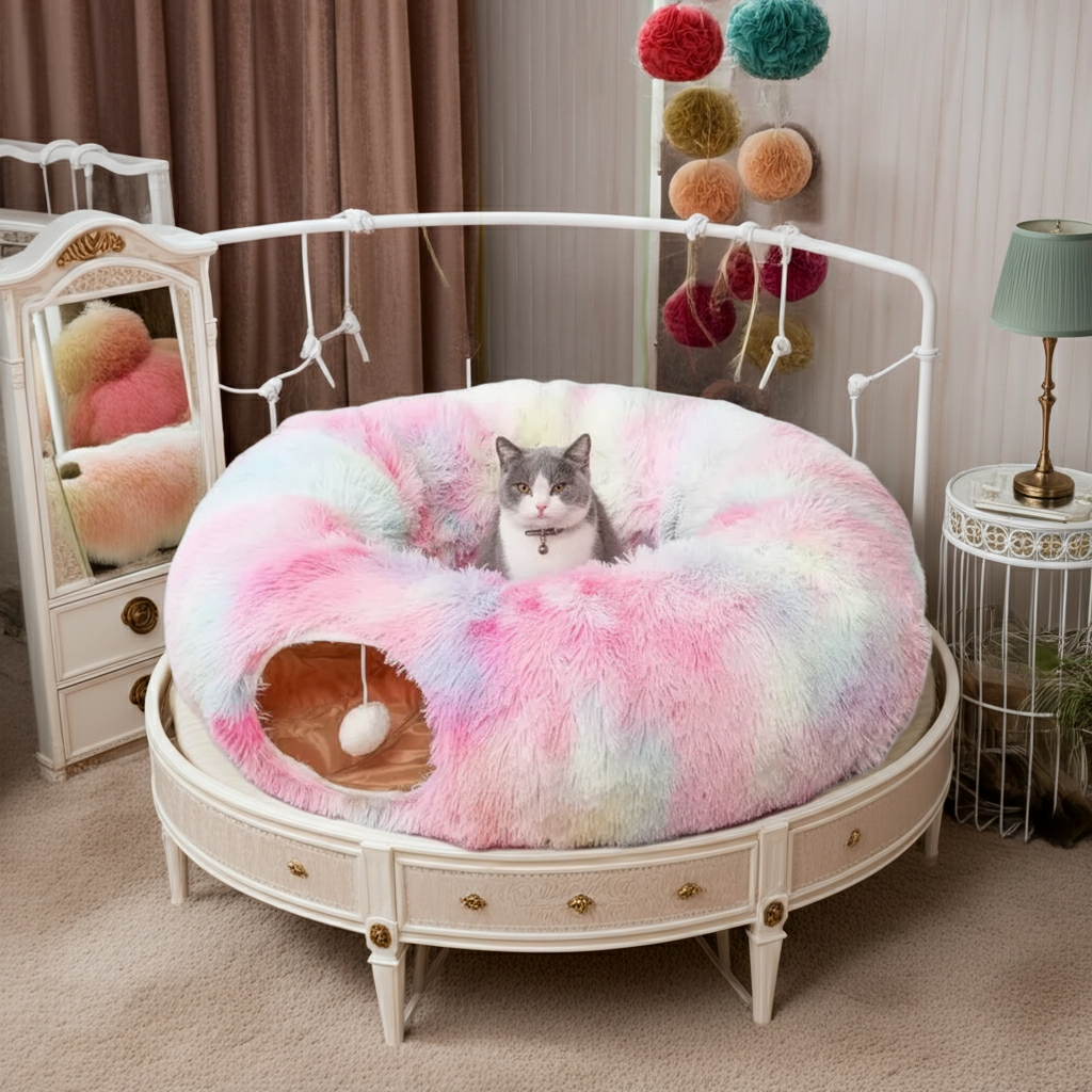Plush cat tunnel bed with round donut cushion, pastel rainbow fuzzy cover, side entrance opening