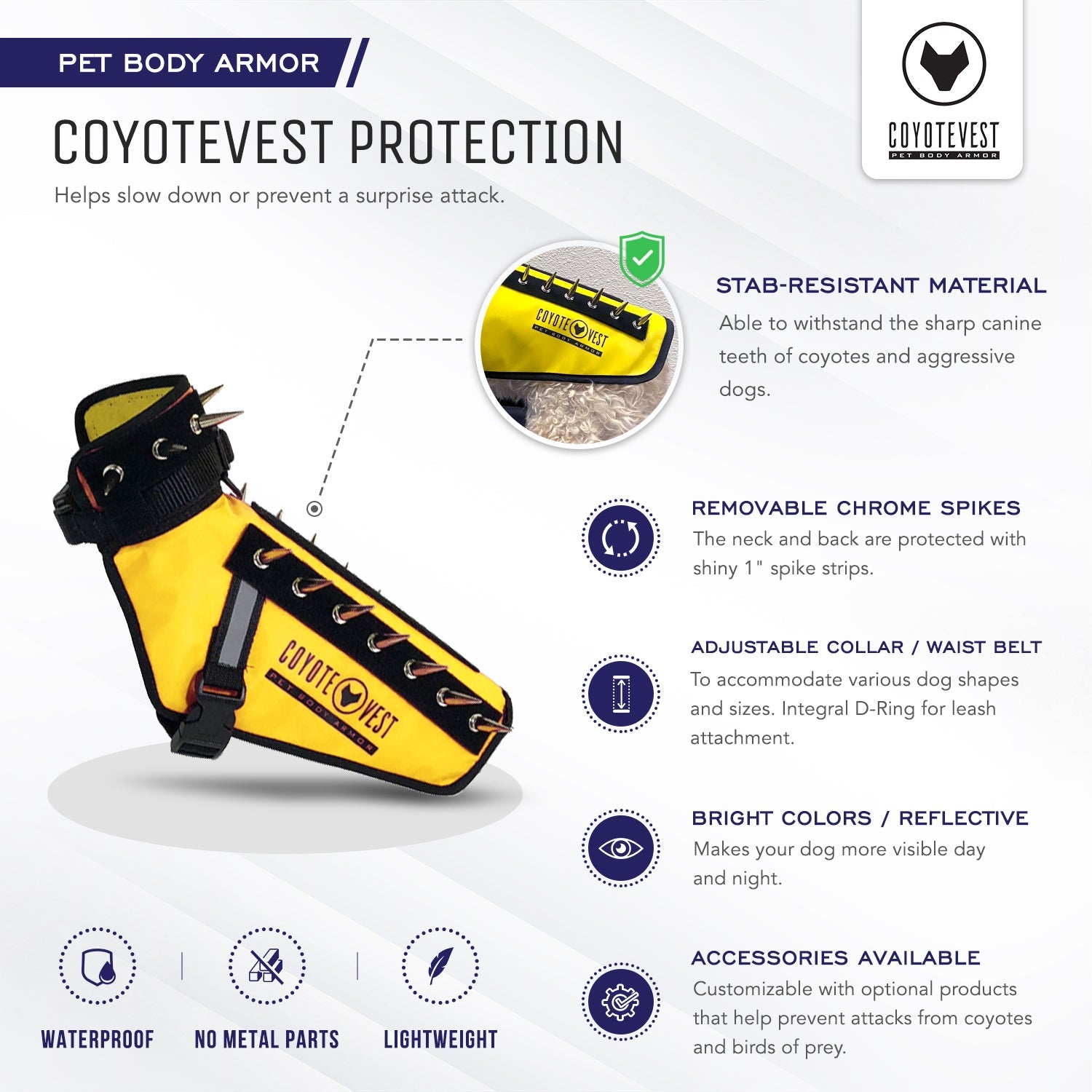 Yellow dog body armor vest with removable spike strips and adjustable collar/waist belt