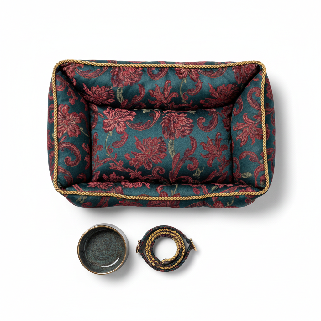 Crimson Blossoms on Teal Vintage Brocade Pet Set — Bed, Bowl & Collar