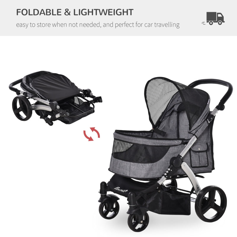 Folding pet stroller with gray fabric, black mesh canopy, and silver frame, side view