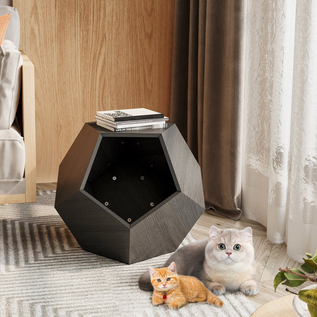 Hexagon cat bed furniture with two cats in dark gray MDF box compartments