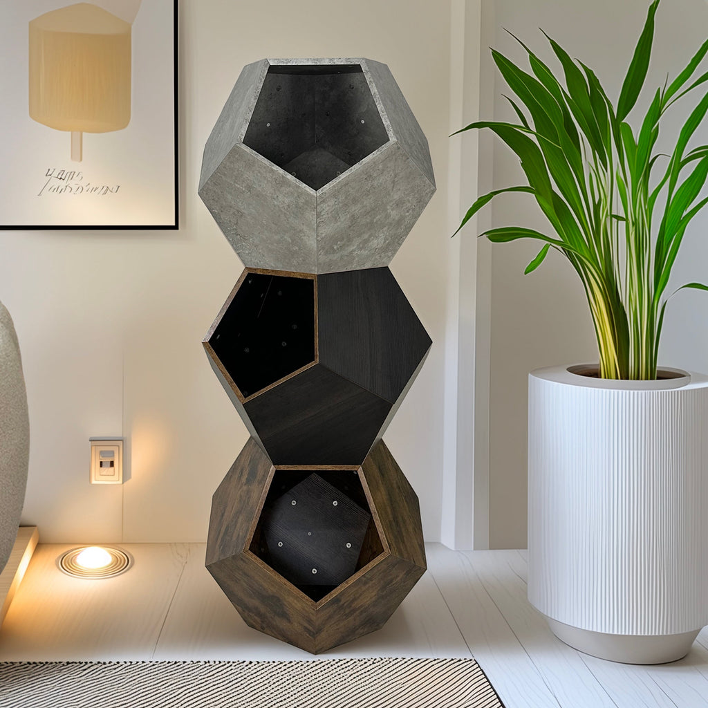 Stacked hexagon cat bed and side table style furniture, dark and light gray MDF