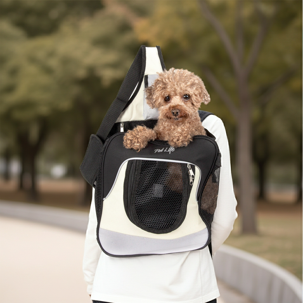 Single-strap pet backpack carrier with front mesh window, black and white