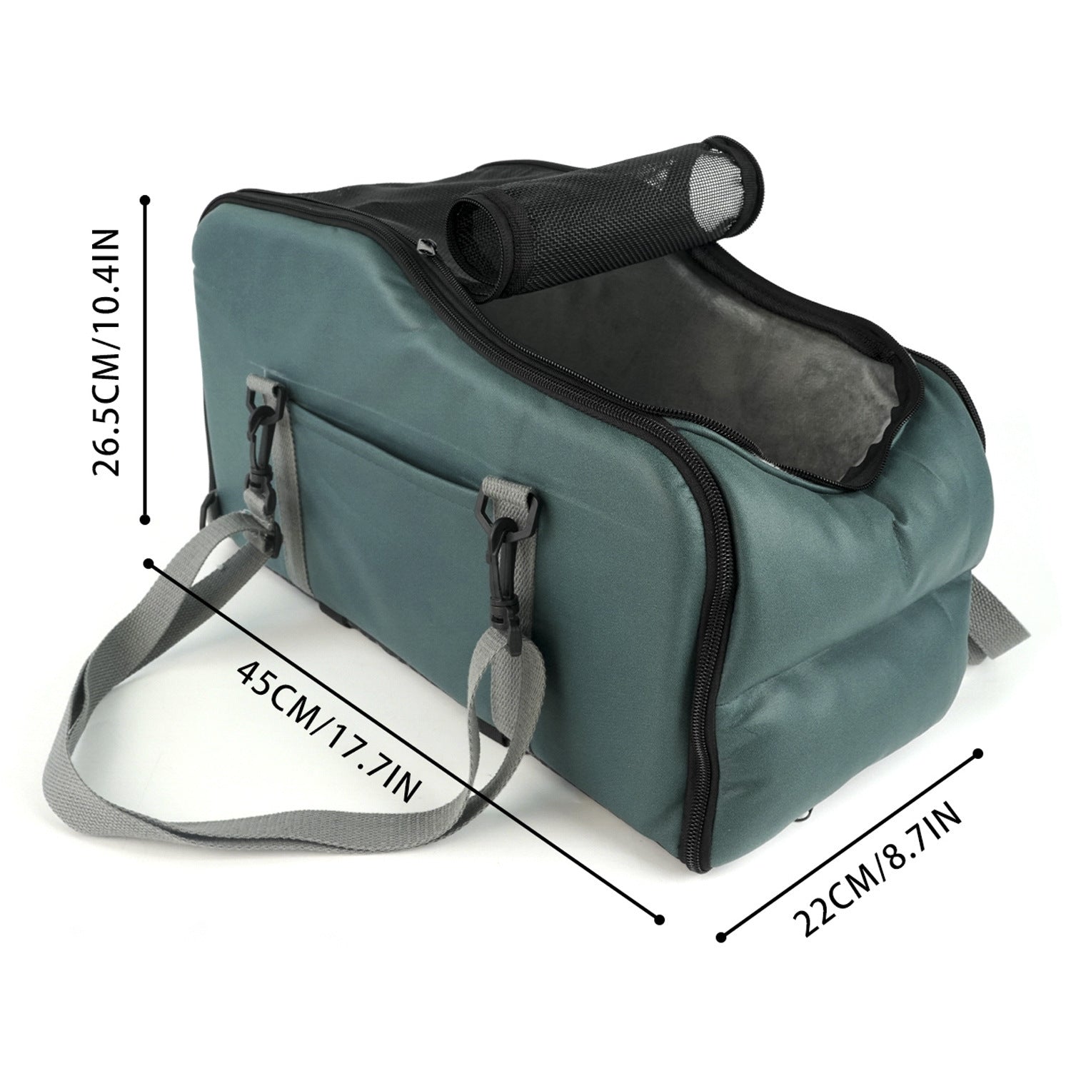 Green portable pet car bed with mesh roll-up top, zip front panel and shoulder strap