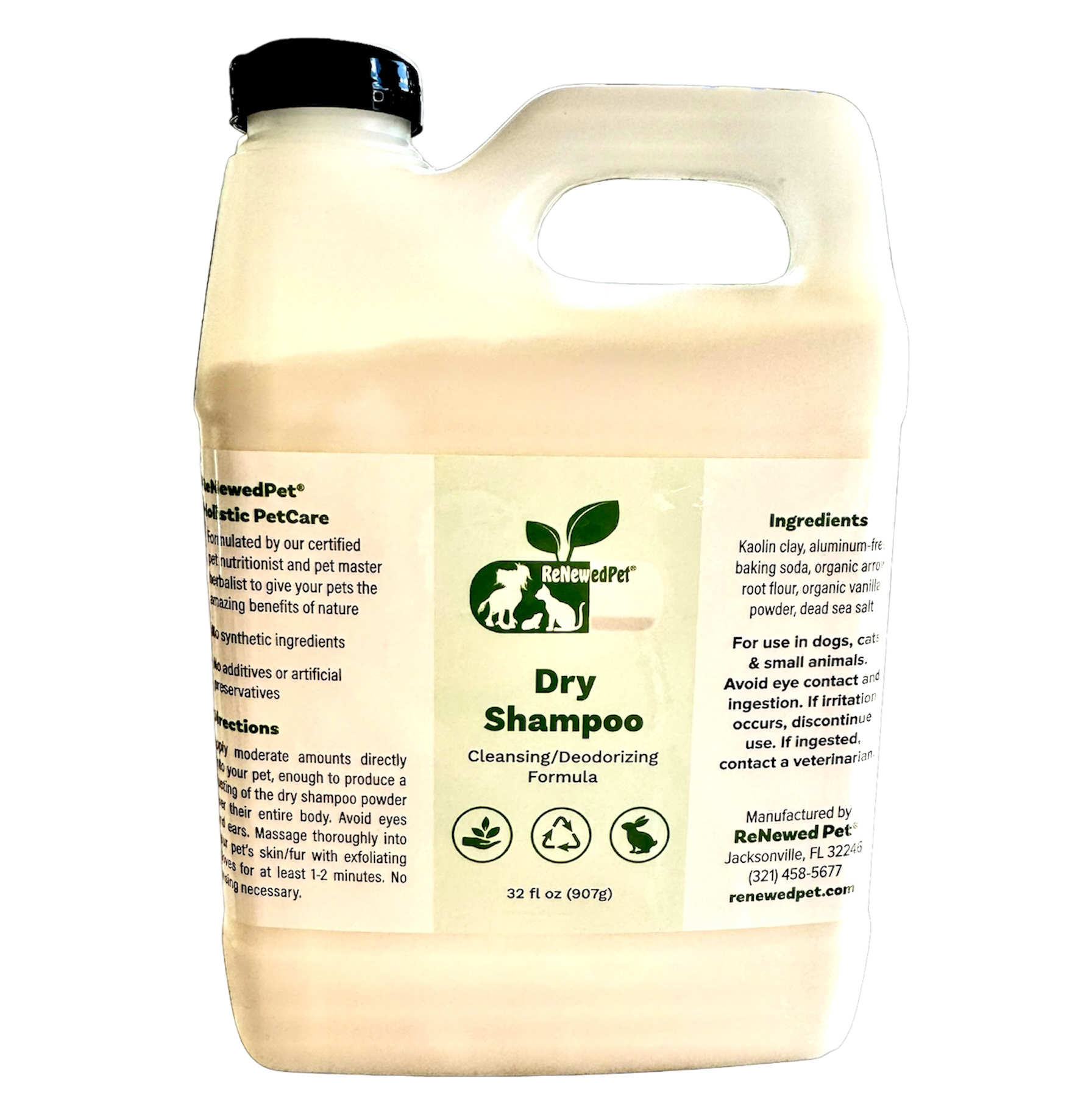 ReNewedPet dry shampoo jug, 32 fl oz (907g), front label with handle and cap