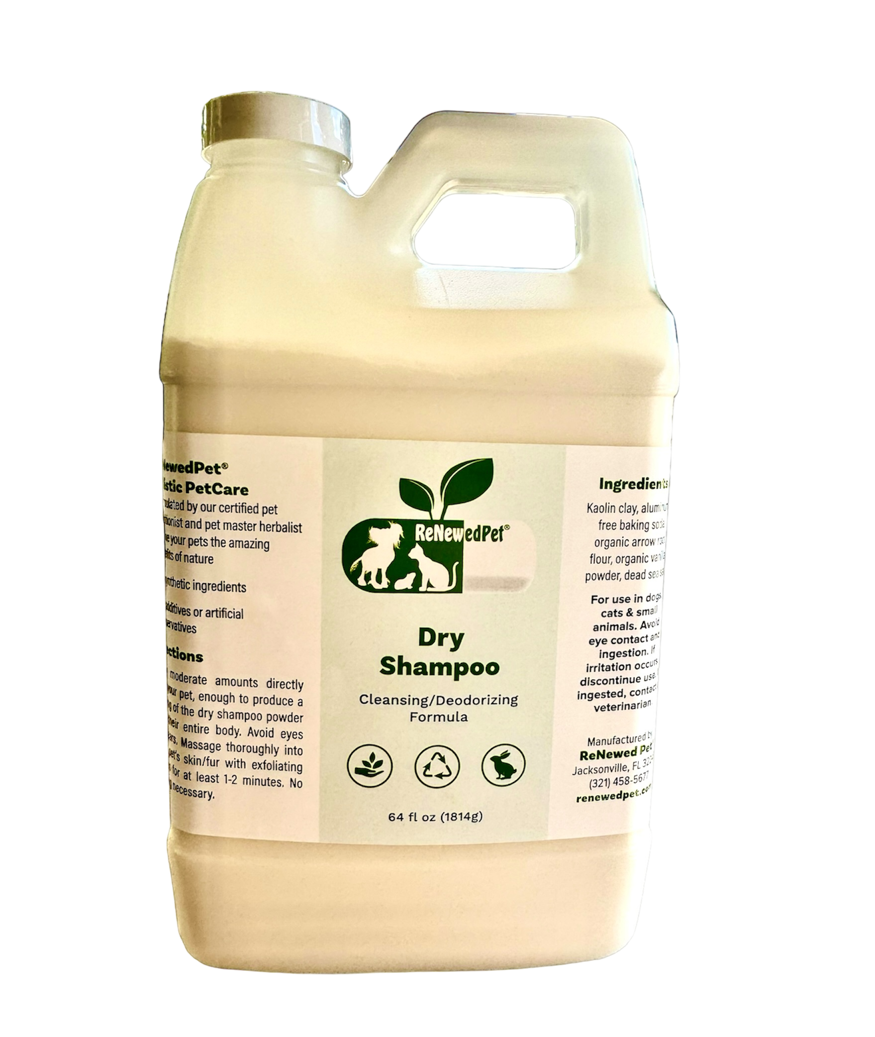 ReNewedPet dry shampoo jug, 64 fl oz (1814g), front label with handle and cap