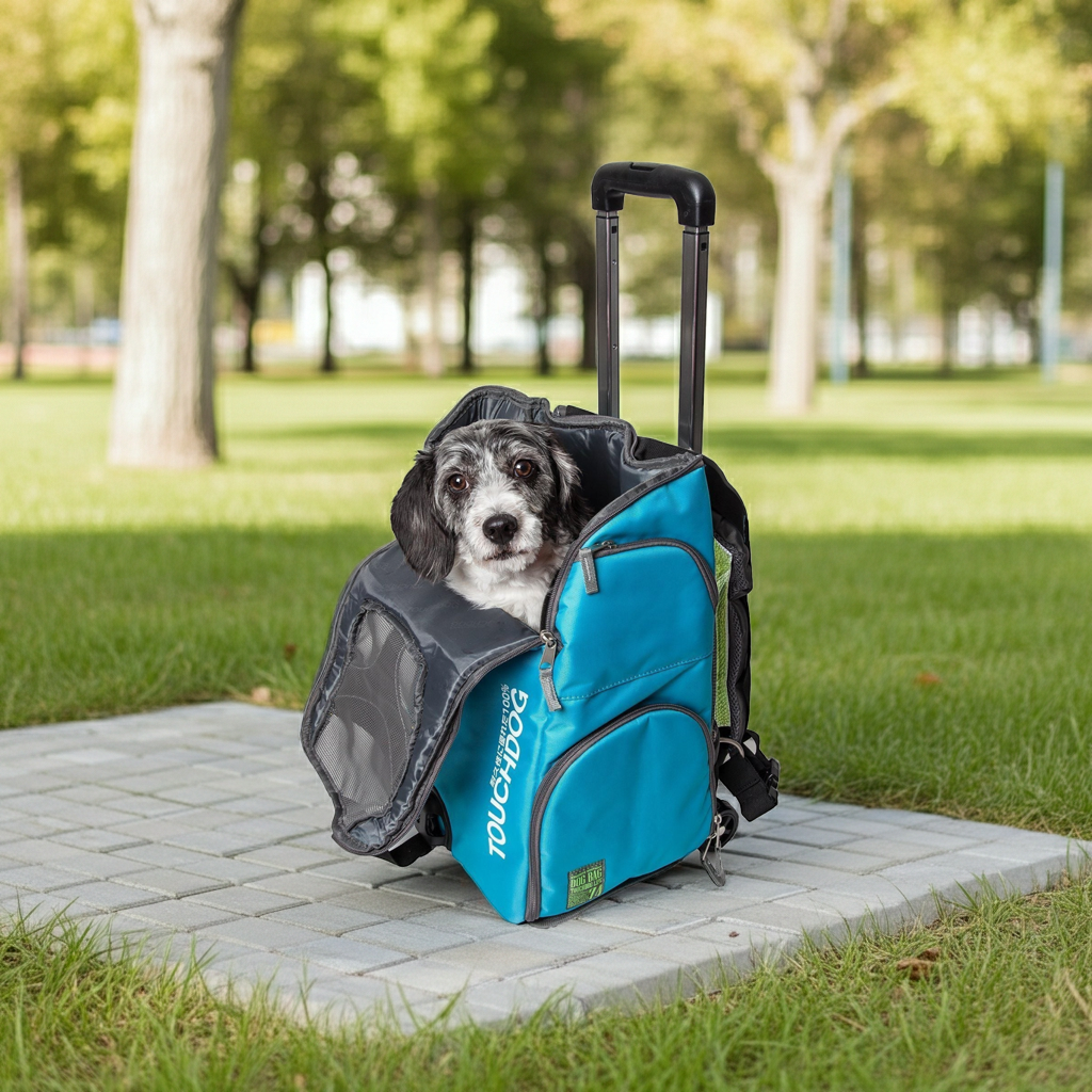 Blue 2-in-1 wheeled backpack pet carrier with telescoping handle and open door