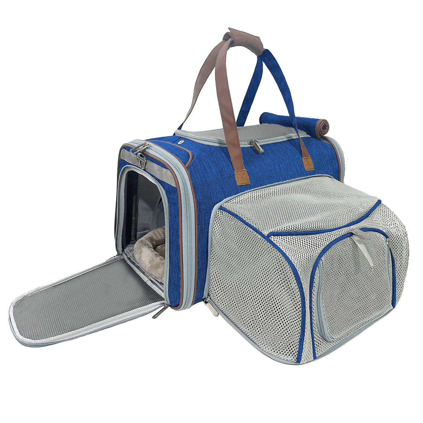 Deja blue pet carrier with mesh side door and fold-out ramp-style panel