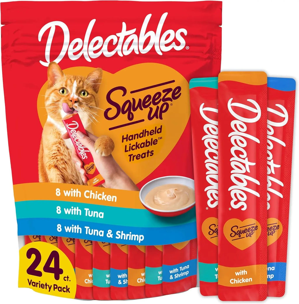 Cat treat variety pack with squeeze-up lickable puree tubes, 24-count