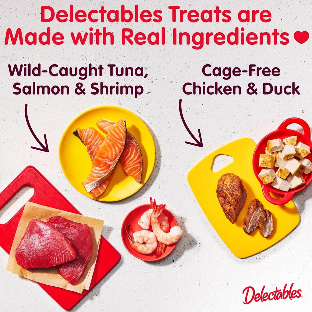 Cat treat packaging with tuna, salmon, shrimp, and chicken & duck flavor options