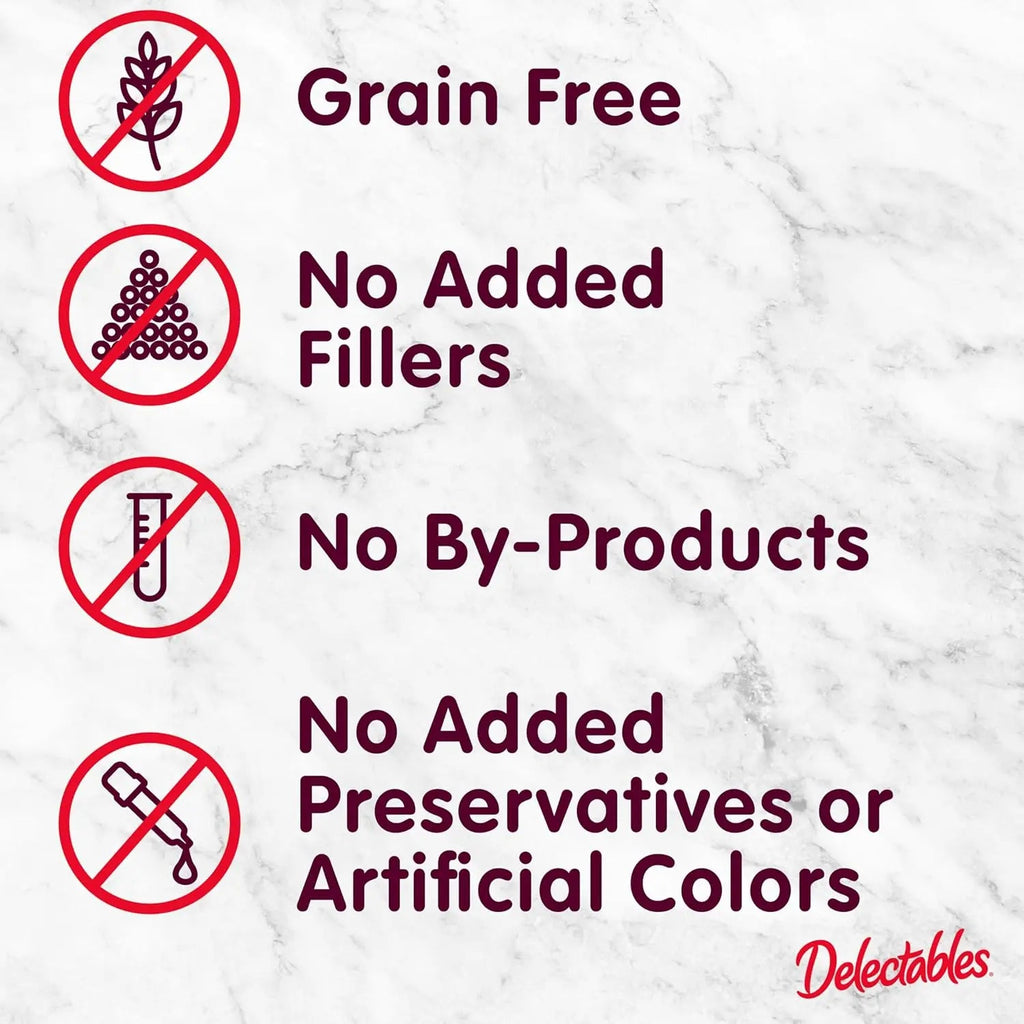 Cat treat pouch badges: grain free, no added fillers, no by-products, no preservatives
