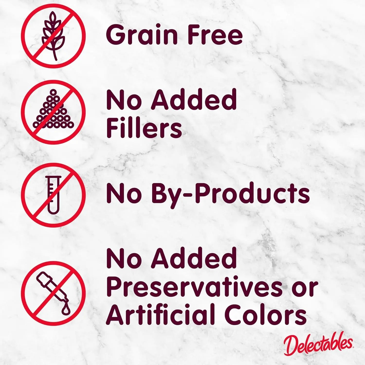 Cat treat pouch badges: grain free, no added fillers, no by-products, no preservatives