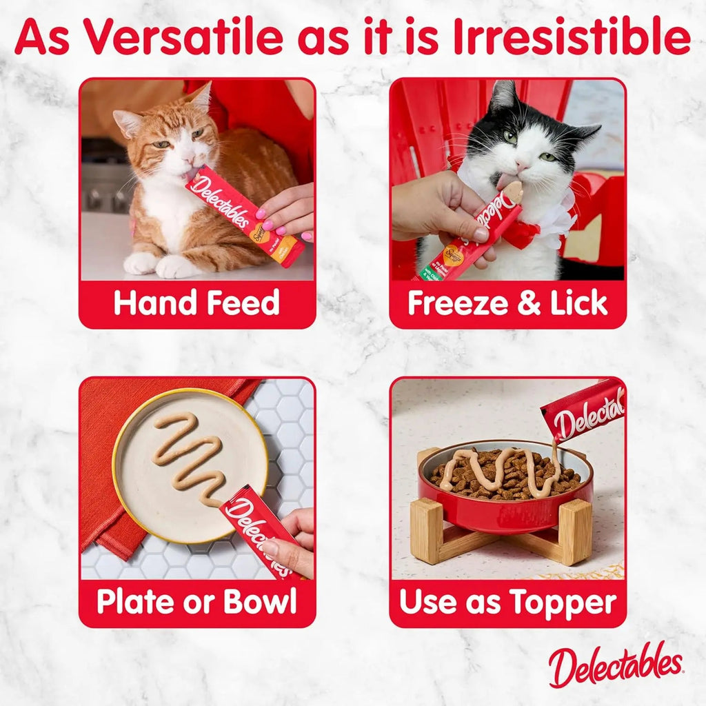 Cat treat squeeze tubes with serving ideas: hand feed, freeze & lick, topper