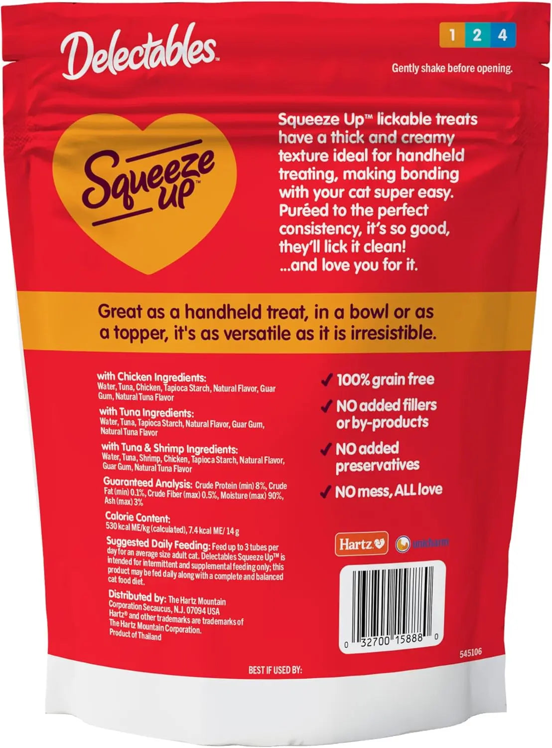 Cat treat pouch back panel with squeeze up lickable directions and ingredient details