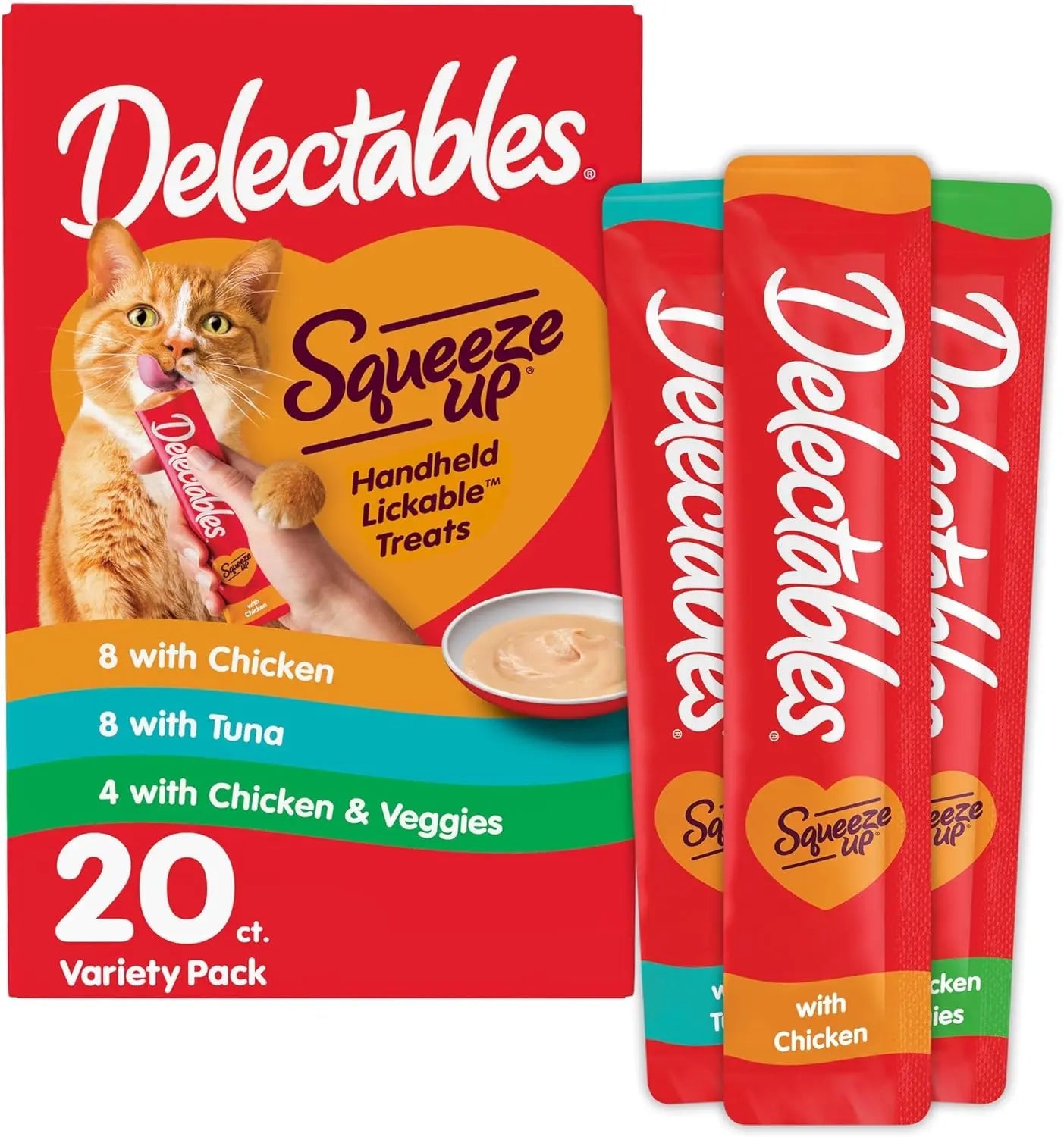 Delectables Squeeze Up cat treat variety pack with pouch and 20 count tubes, chicken and tuna