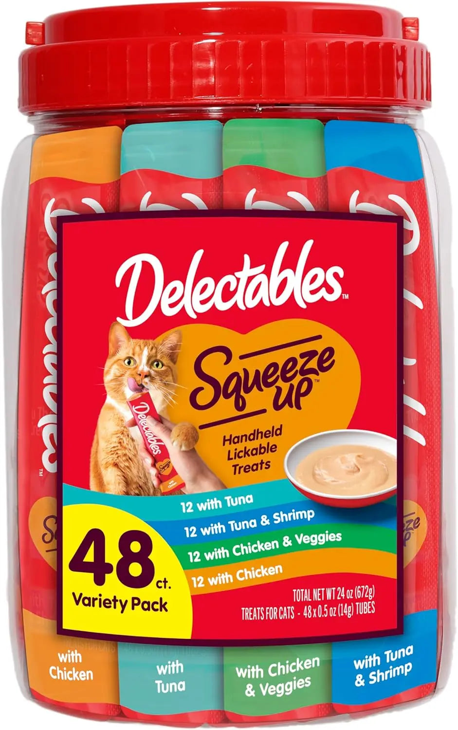 Delectables cat treat variety pack container with squeeze-up puree tubes, 48 count
