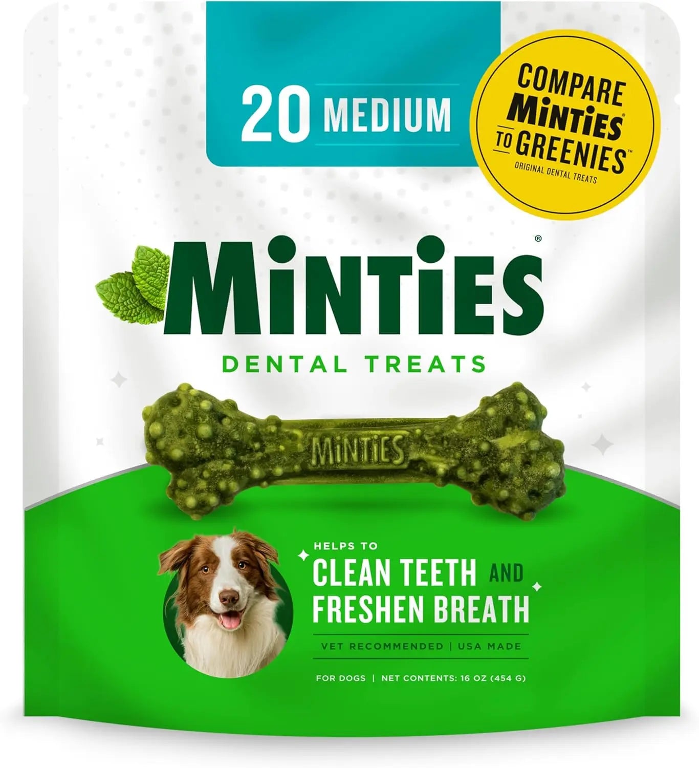 Minties medium dental treats bag with green mint-bone chews