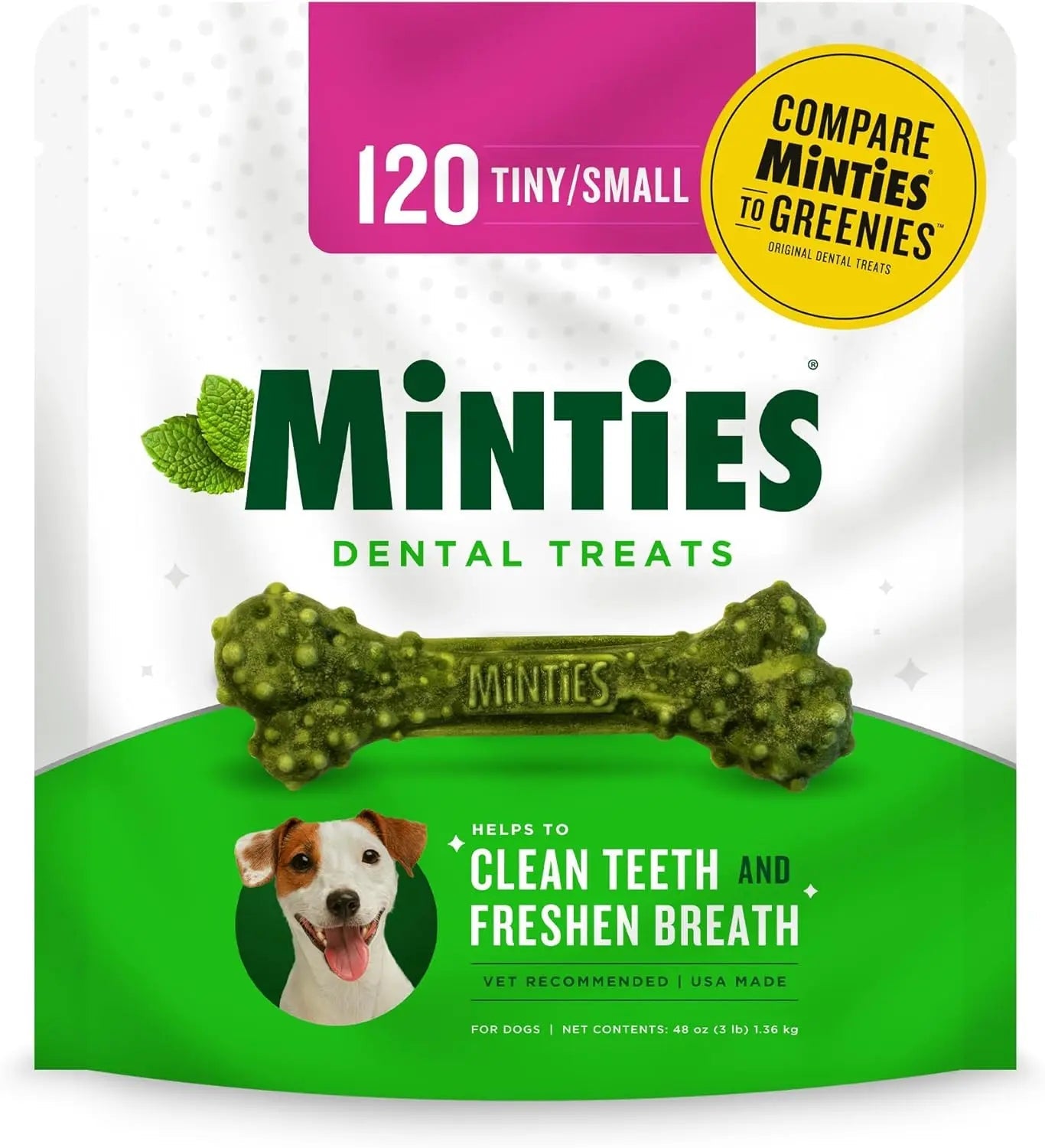 Dental dog treats pouch with green mint bones, 120 tiny/small pieces.