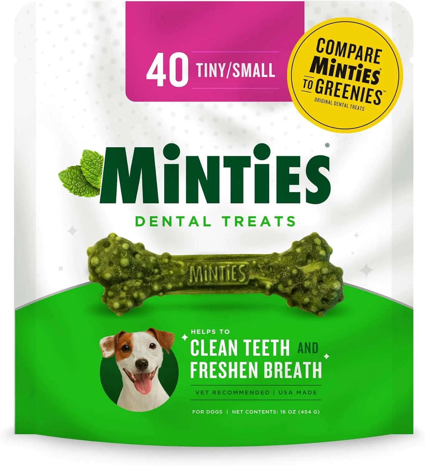 Dental dog treats pouch with green mint bones, 40 tiny/small pieces.