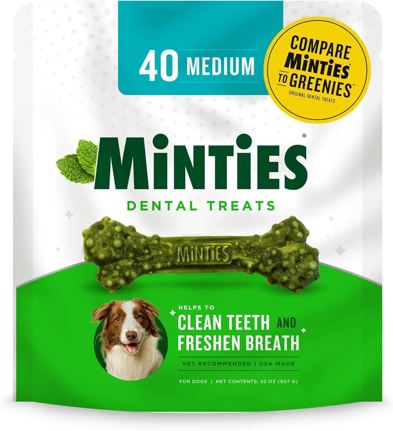 Dental dog treats pouch with green mint bones, 40 medium pieces.