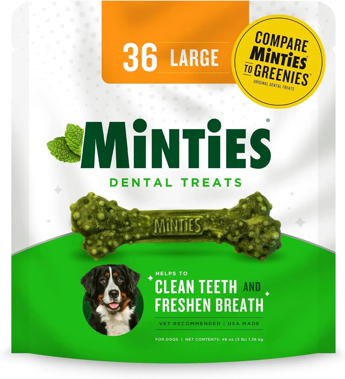 Dental dog treats pouch with green mint bones, 36 large pieces.