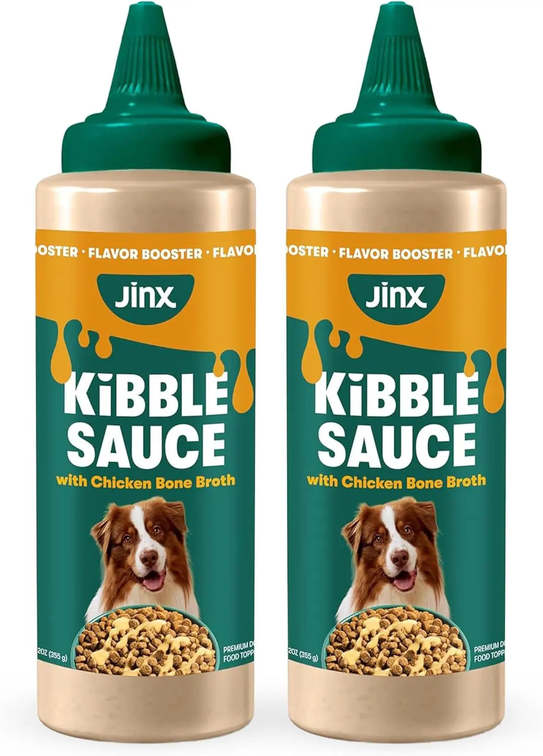 Pair of Jinx Kibble Sauce dog topper bottles with chicken bone broth, teal caps