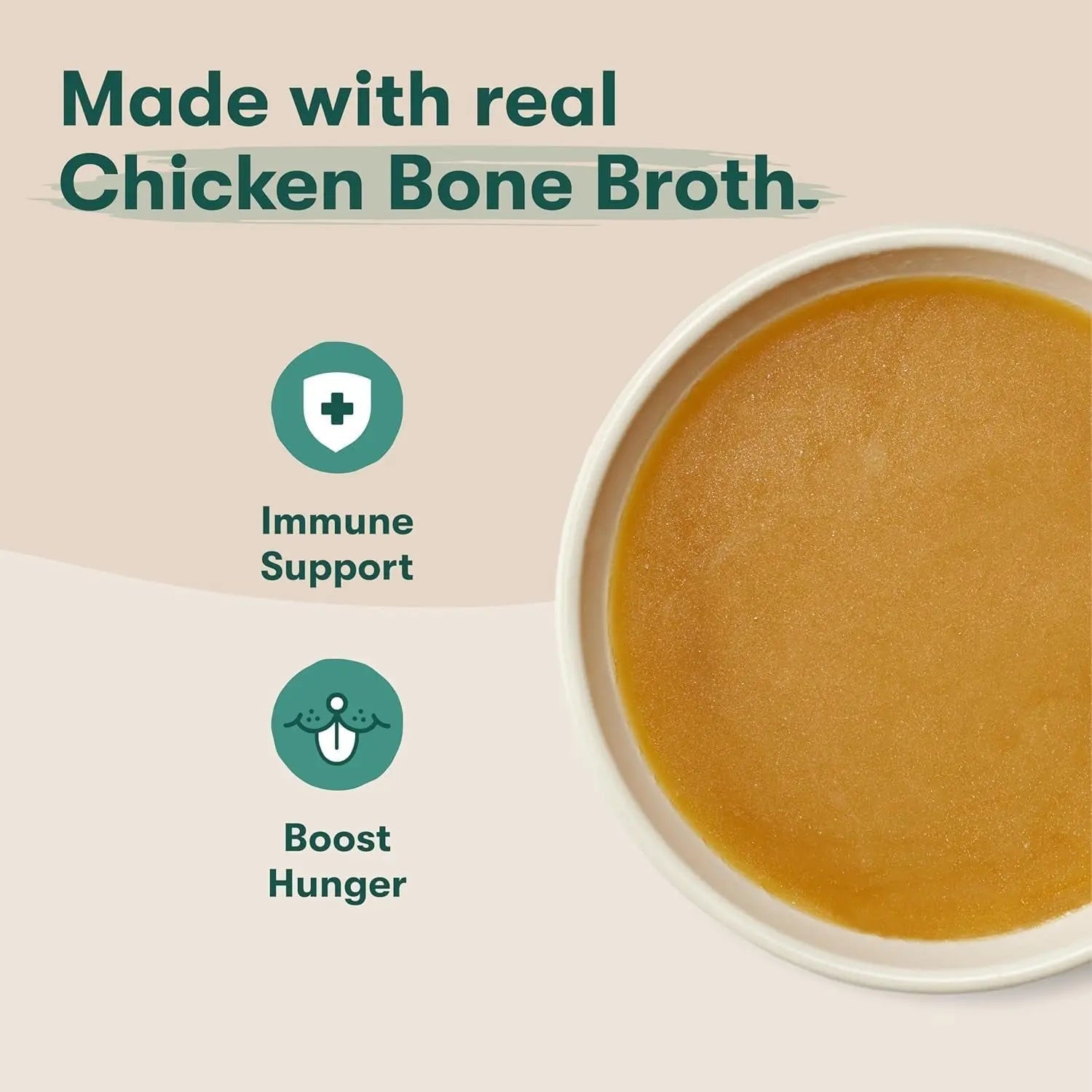 Chicken bone broth dog sauce in dish with immune support and hunger boost icons